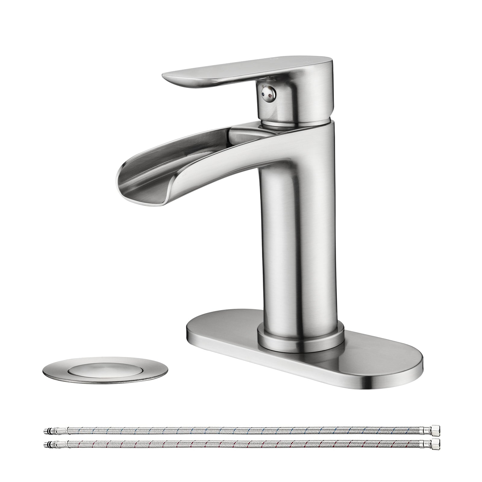 Waterfall Bathroom Faucet Single Handle Bathroom Sink Faucets 1 Or 3 Hole Solid Vanity Faucet With Deck Plate & Overflow Pop Up Drain Brushed Nickel Brushed Nickel Bathroom Nickel Brass