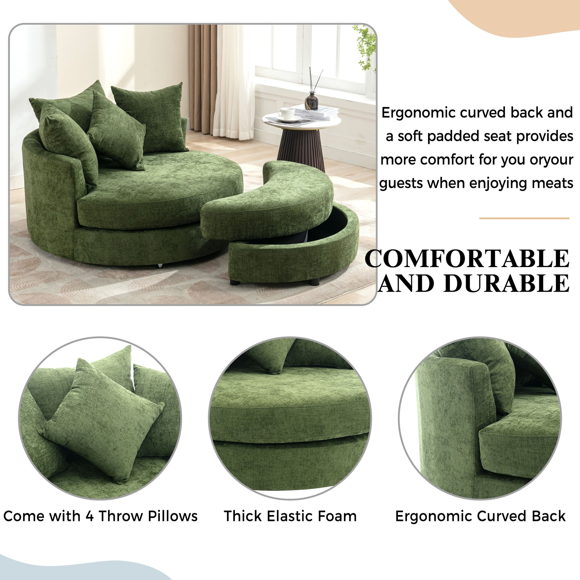 Orisfur. 360 Swivel Accent Barrel Chair With Storage Ottoman & 4 Pillows, Modern Chenille Leisure Chair Round Accent For Living Room, Green Green Foam Chenille