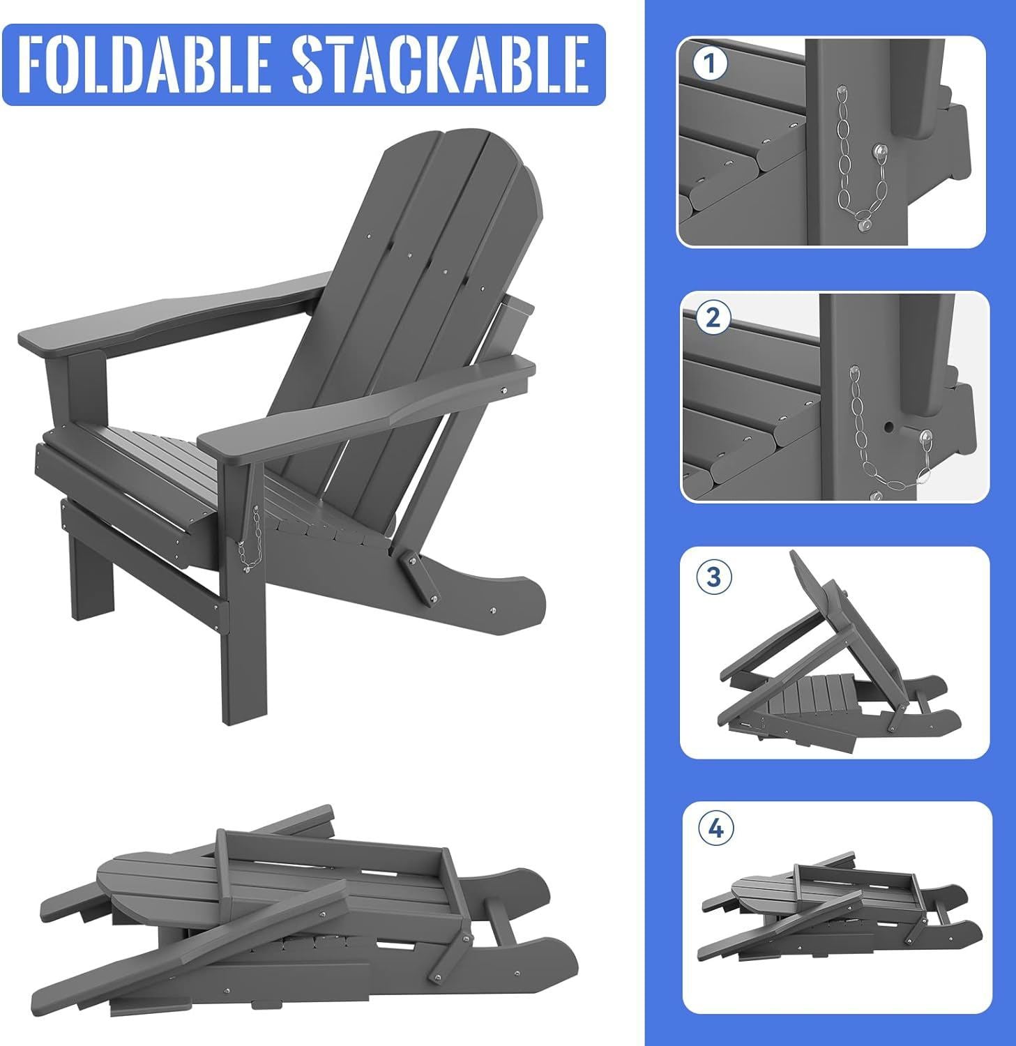 Folding Adirondack Chair, Relaxing Stackable Arm Rest Ergonomic Hdpe All Weather Adirondack Chair No Adirondack Antique Gray Uv Resistant Frame Garden & Outdoor American Design,American Traditional Complete Patio Sets Hdpe