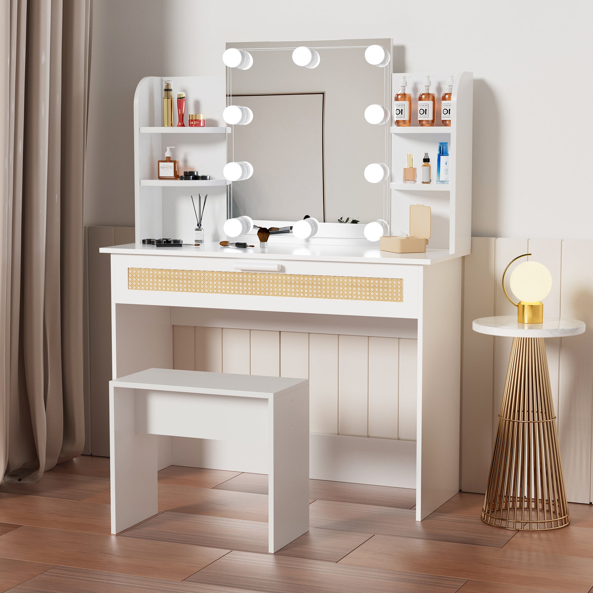 Vanity Desk Set Stool & Dressing Table With Led Lighting Mirror Drawer And Compartments Modern Wood Cosmetic Table Chest Of Drawers White Color Gloss White White 1 Drawer Bedroom Wood