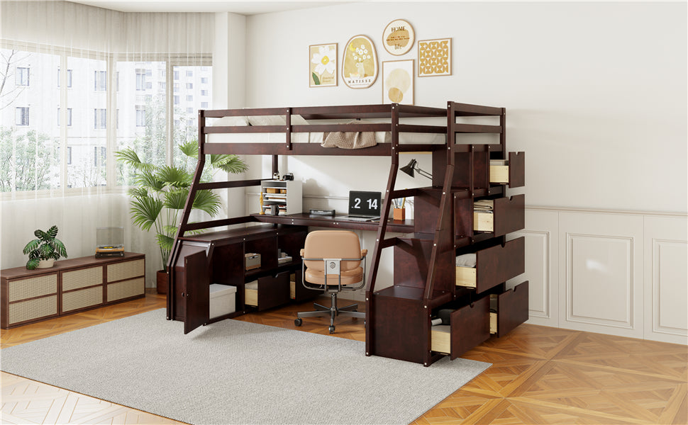 Full Size Loft Bed With 7 Drawers 2 Shelves And Desk Espresso Full Espresso Plywood