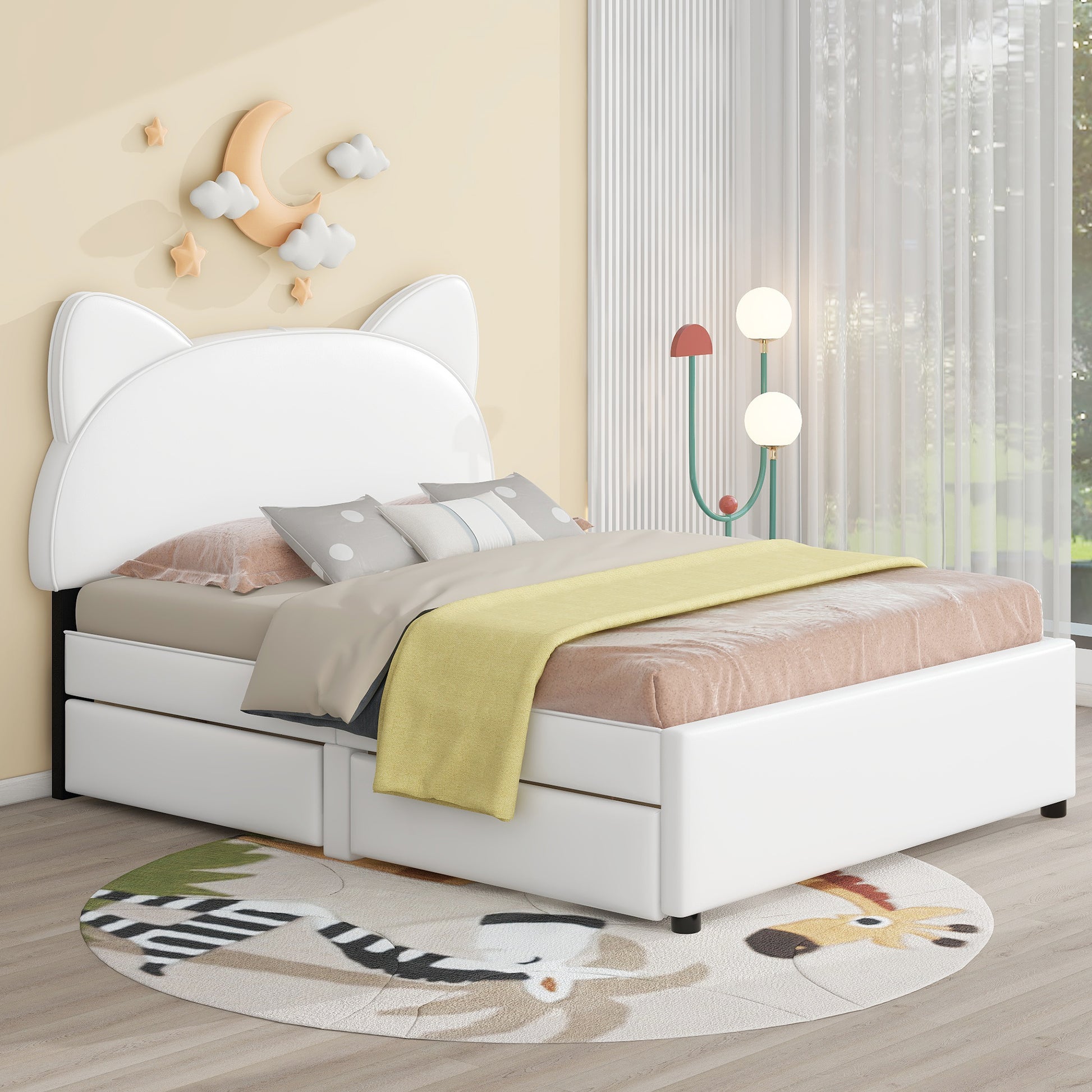 Full Size Upholstered Platform Bed With Cartoon Ears Shaped Headboard And 2 Drawers, White Box Spring Not Required Full White Wood Bedroom Bed Frame Faux Leather Upholstered