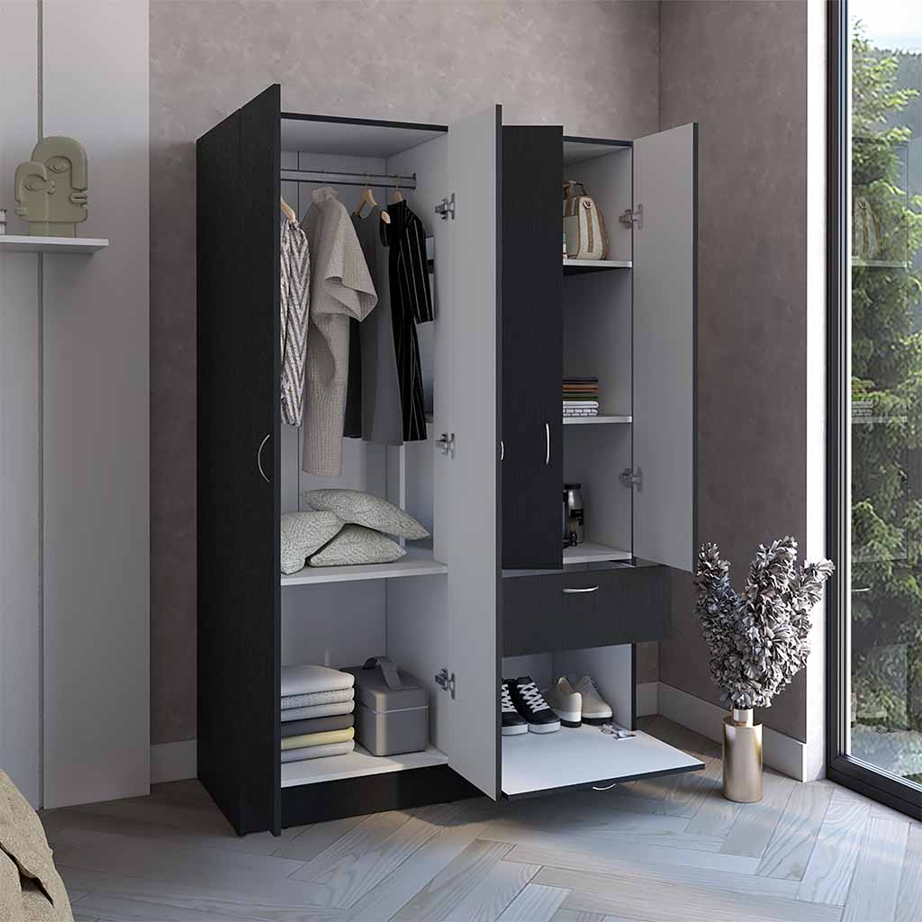 Armoire, Double Door Cabinet, One Drawer, Five Interior Shelves, Rod, Black White Multicolor Solid Wood Mdf Engineered Wood