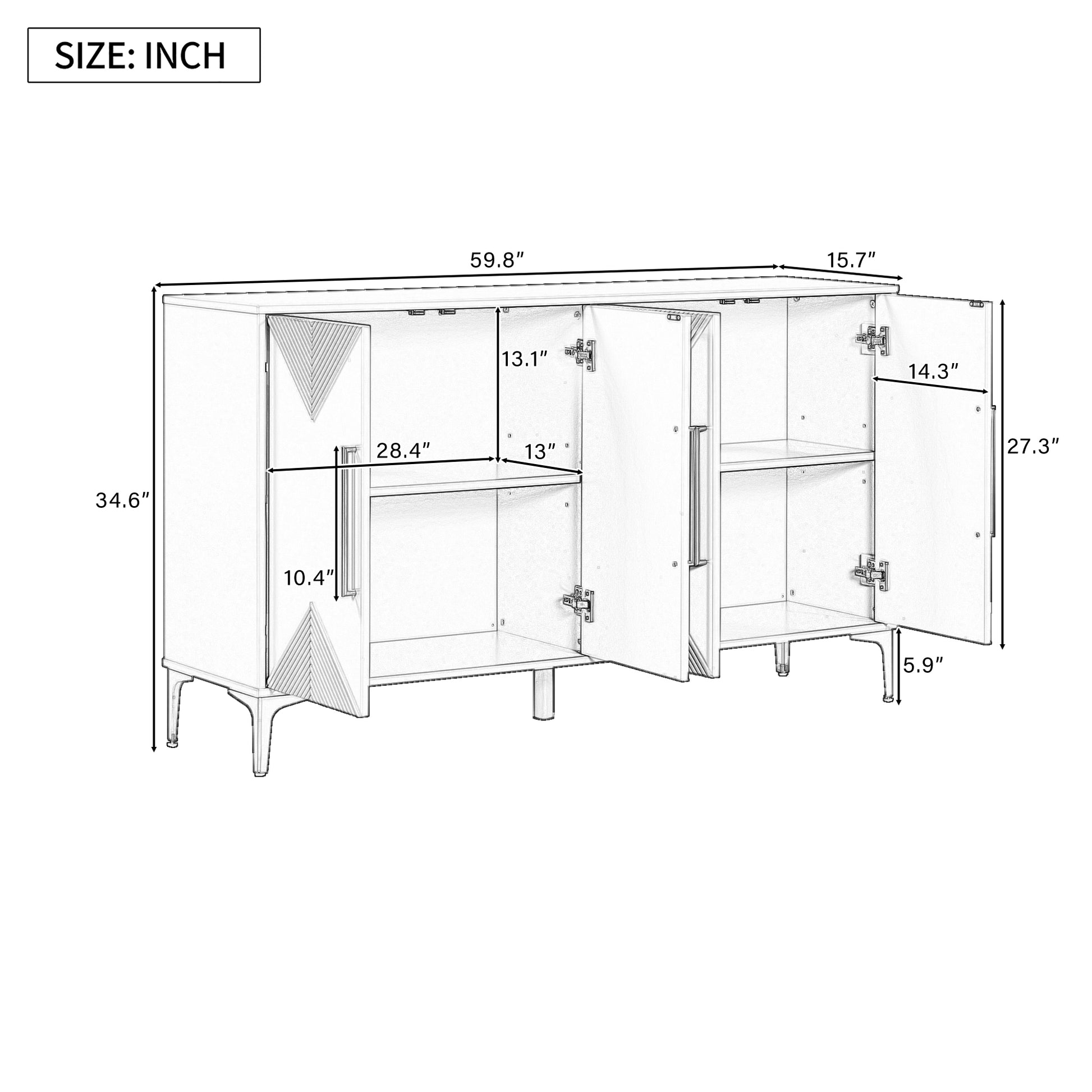 Unique Features Of A Four Door Cabinet With Two Tone Triangular Pattern Doors, Suitable For Entryway, Hallway, Living Room 3 4 Spaces Navy Blue Primary Living Space Adjustable Shelves Artsy,Contemporary Mdf