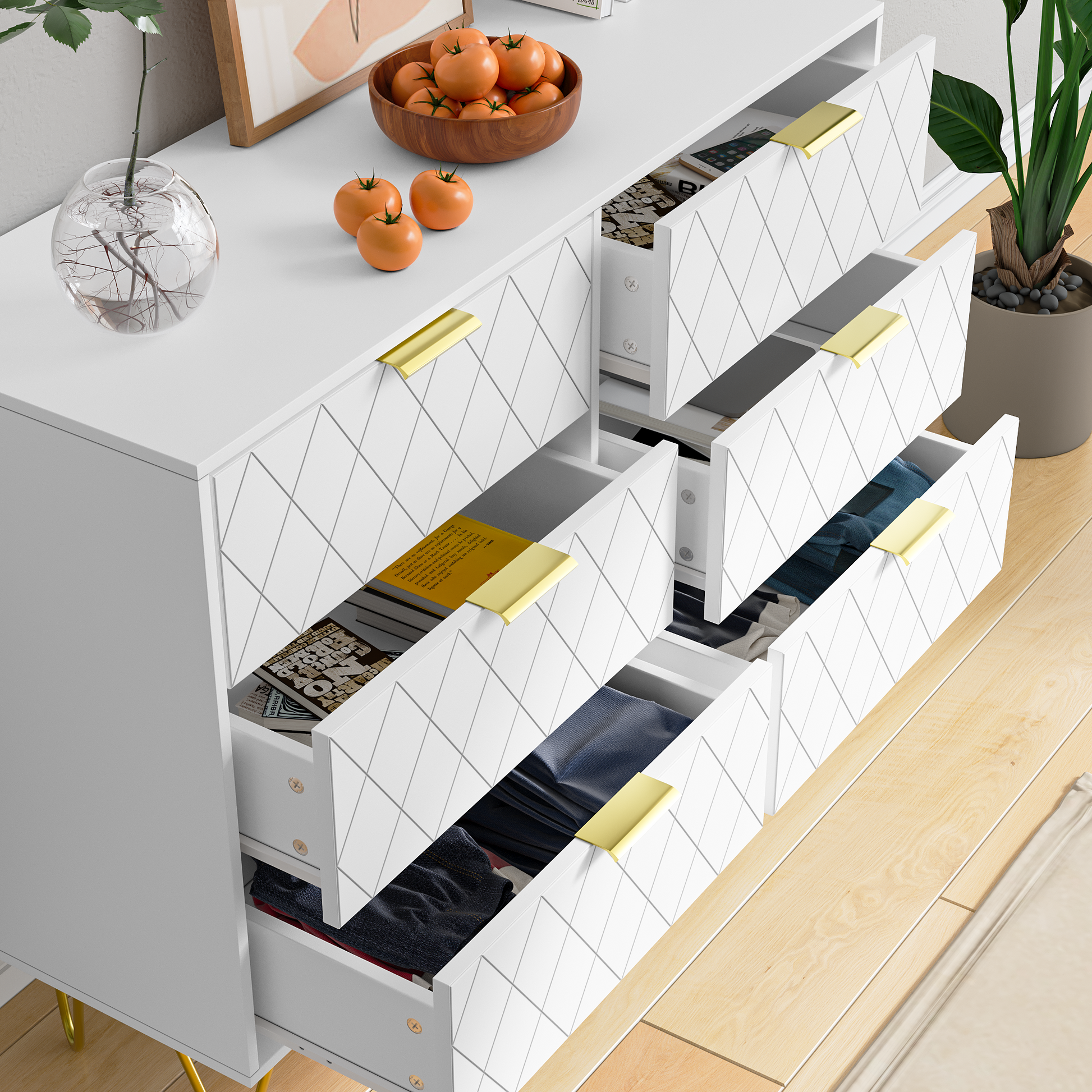 Modern White 6 Drawers For Bedroom, Small Size Wooden Drawers With Gold Handles, Chest Dresser With Deep Drawers For Living Room White Bedroom Mdf