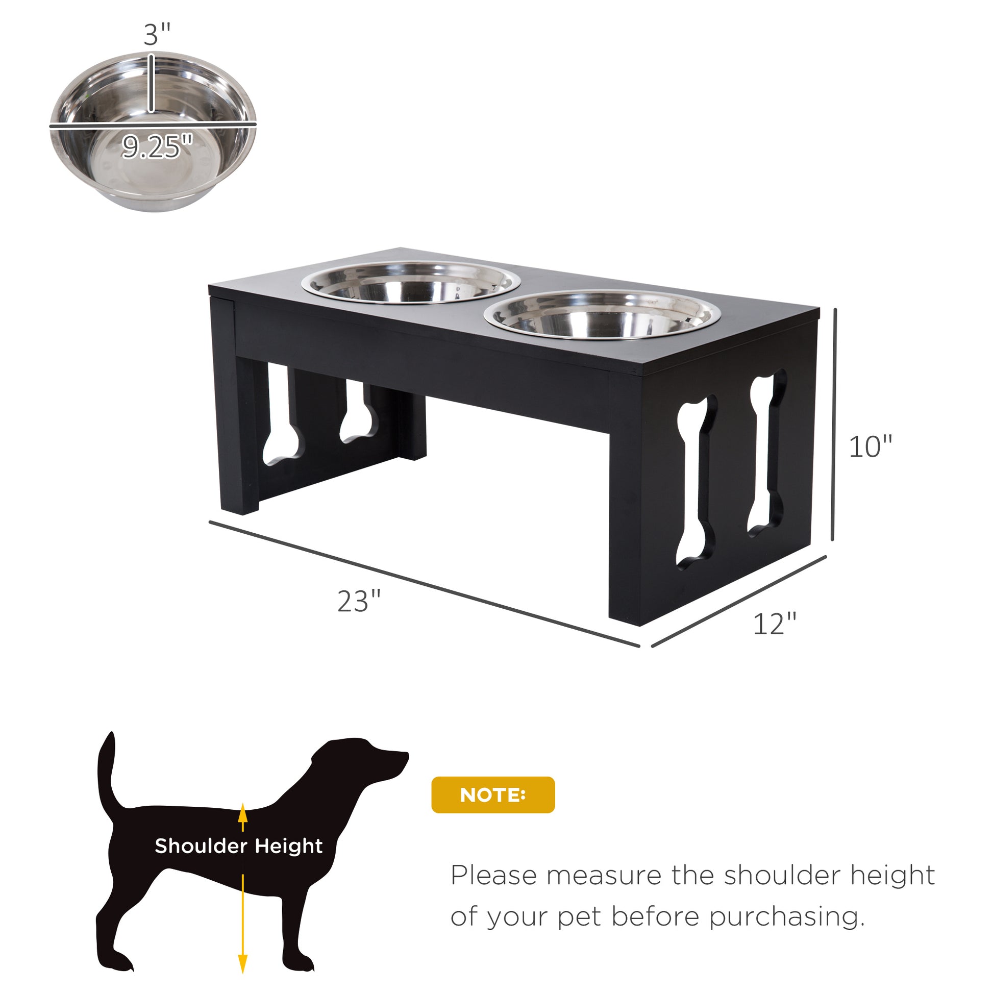 Pawhut 23" Modern Decorative Dog Bone Wooden Heavy Duty Pet Food Bowl Elevated Feeding Station Black Black Mdf