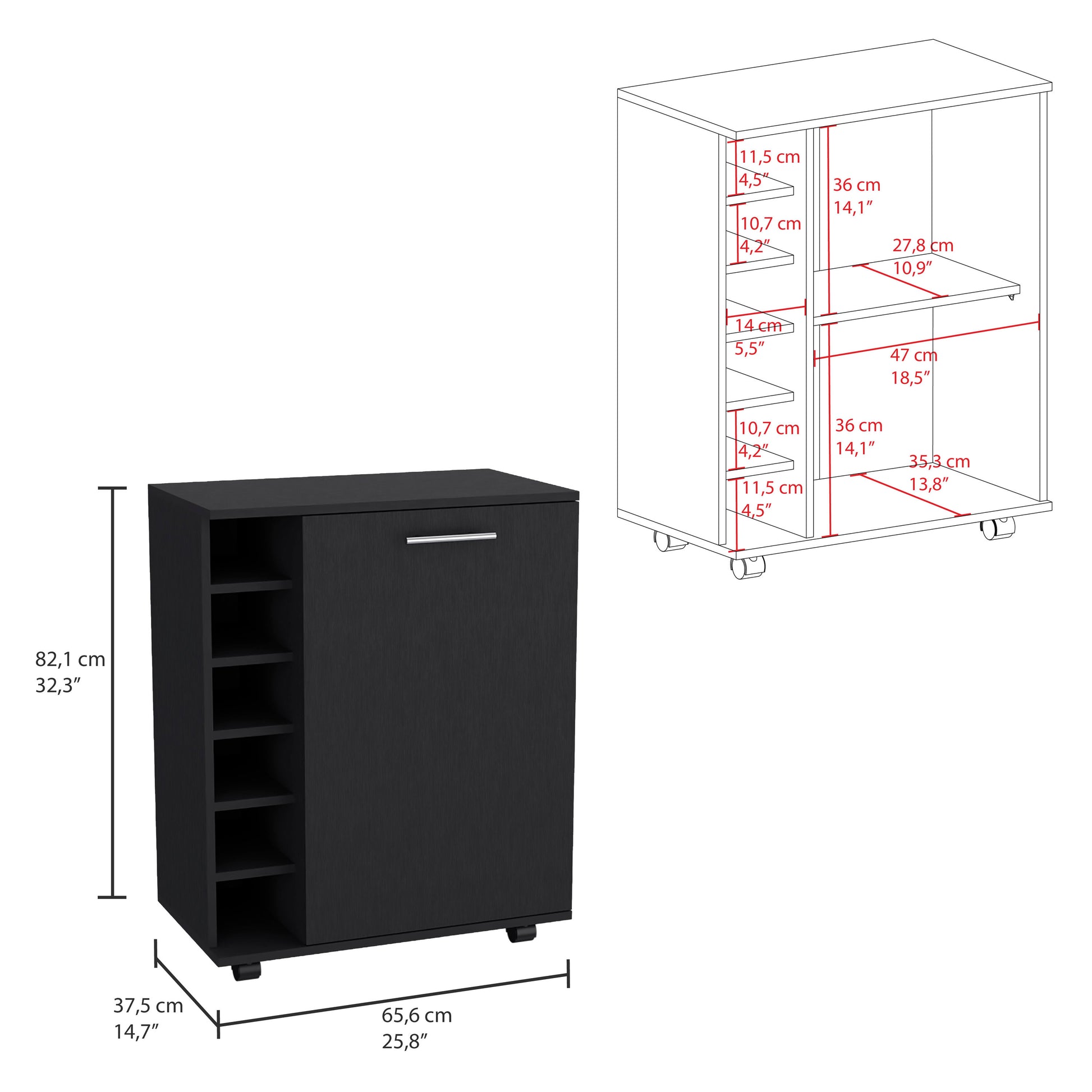 Wick Bar Cart With Integrated Wine Storage, Spacious Cabinet And Smooth Rollers Black Dining Room Modern Particle Board Engineered Wood