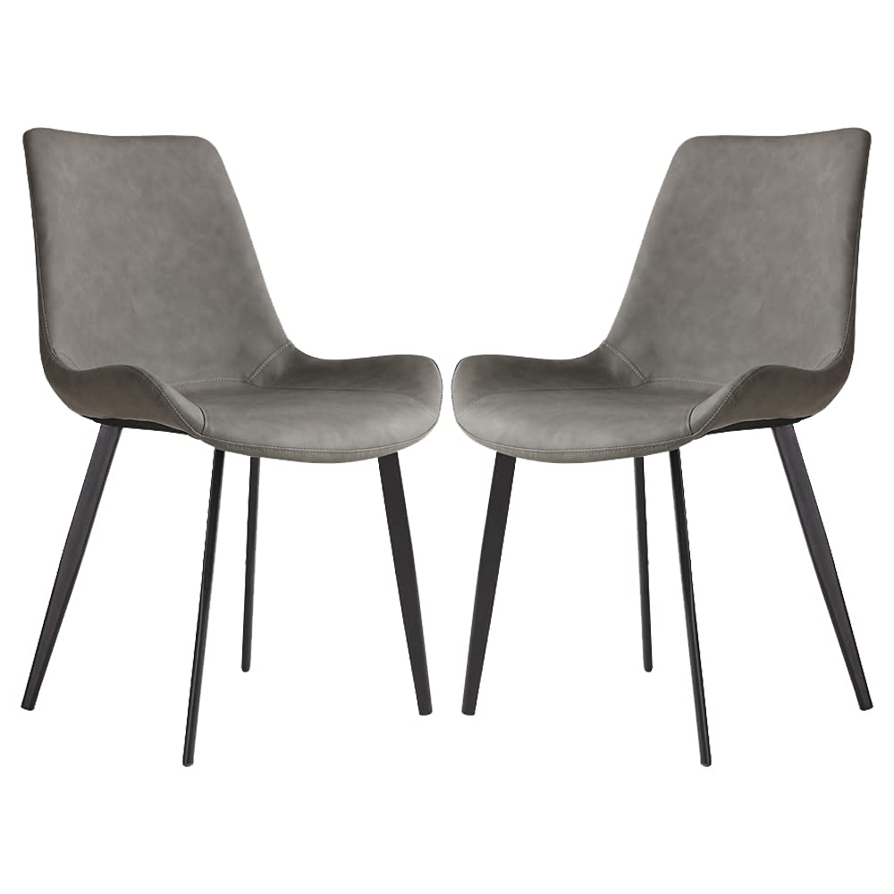 2 Pcs Faux Leather Dining Chairs, Mid Century Modern Leisure Upholstered Chair With Metal Legs For Kitchen Living Room Grey Gray Pu Set Of 2 Carbon Steel Pu Leather