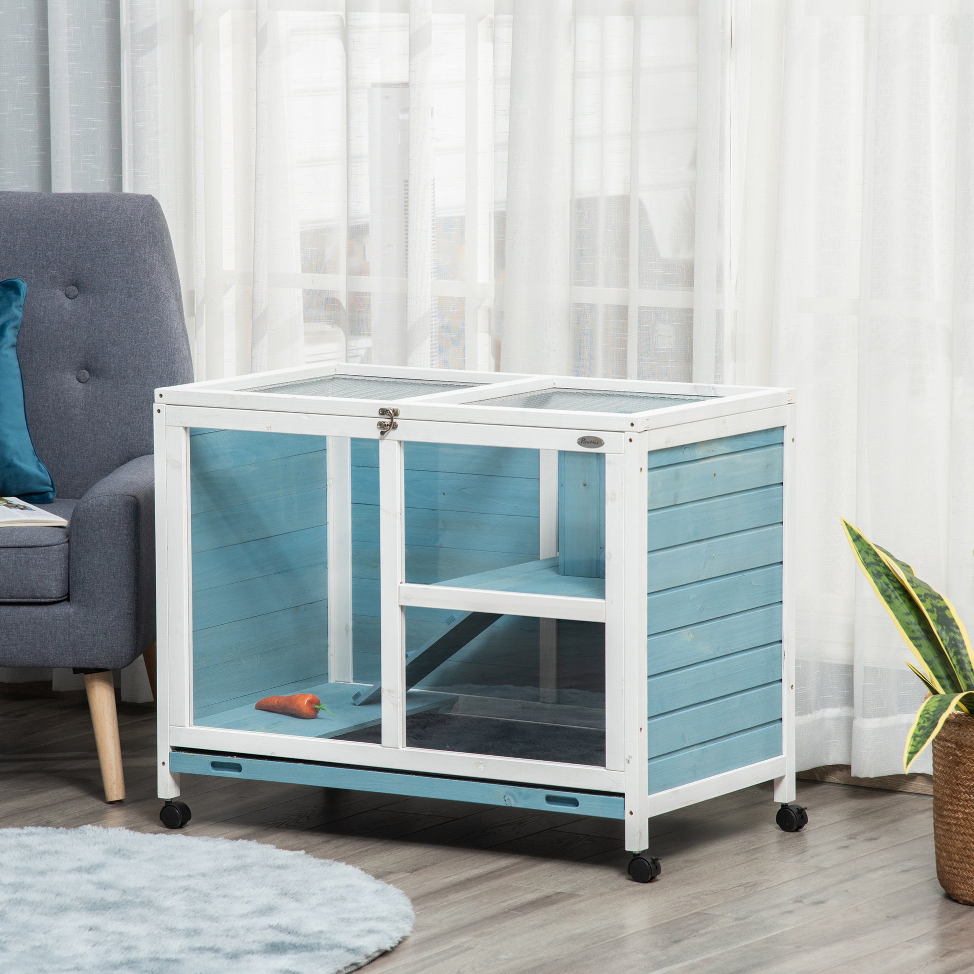 Pawhut Indoor Rabbit Hutch With Wheels, Desk And Side Table Sized, Wood Rabbit Cage, Waterproof Small Rabbit Cage, Light Blue Light Blue Wood