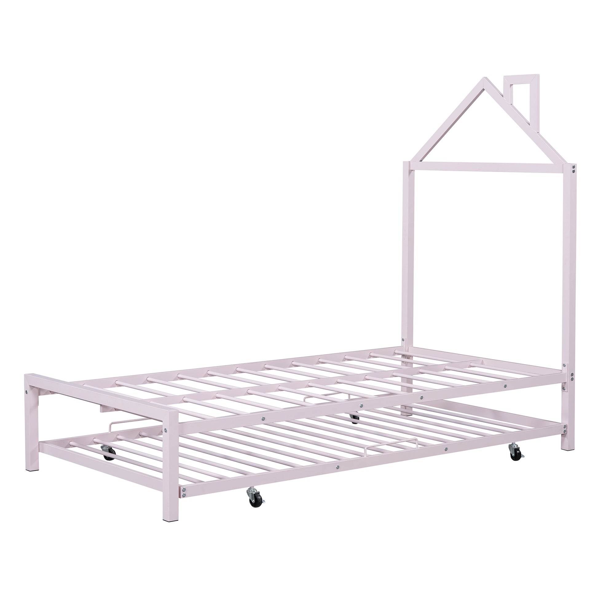 Twin Size Metal Platform Bed With Twin Size Trundle,House Shaped Headboard Design, Pink Twin Pink Metal