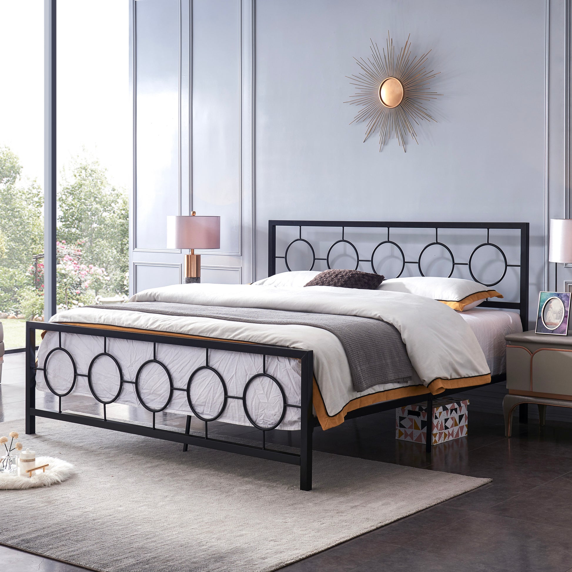 King Size Classical Metal Bed Frame With Circular Design Headboard And Footboard, Under Bed Space, Black King Black Iron