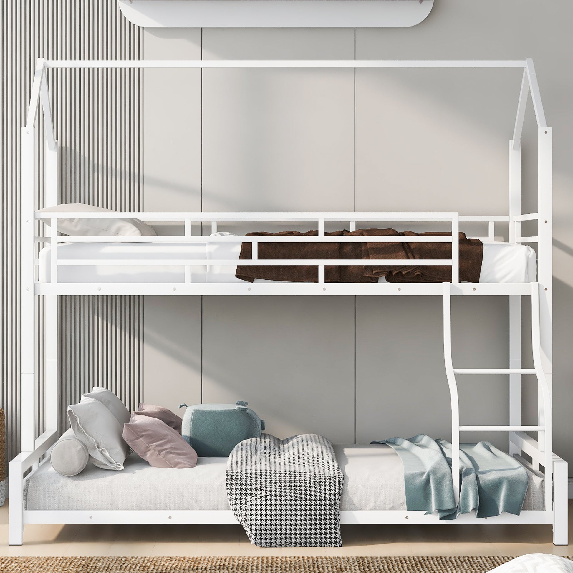 Metal House Bunk Bed, Twin Over Full, White Full White Metal