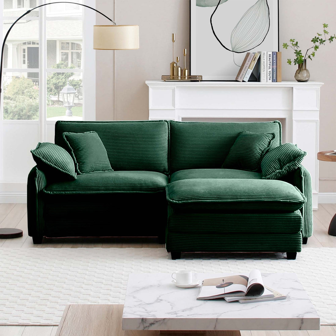 Two Seater Sofa With One Footrest, L Shaped 2 Seater Sofa With Ottoman For Small Living Spaces,Green Corduroy Green Corduroy 2 Seat