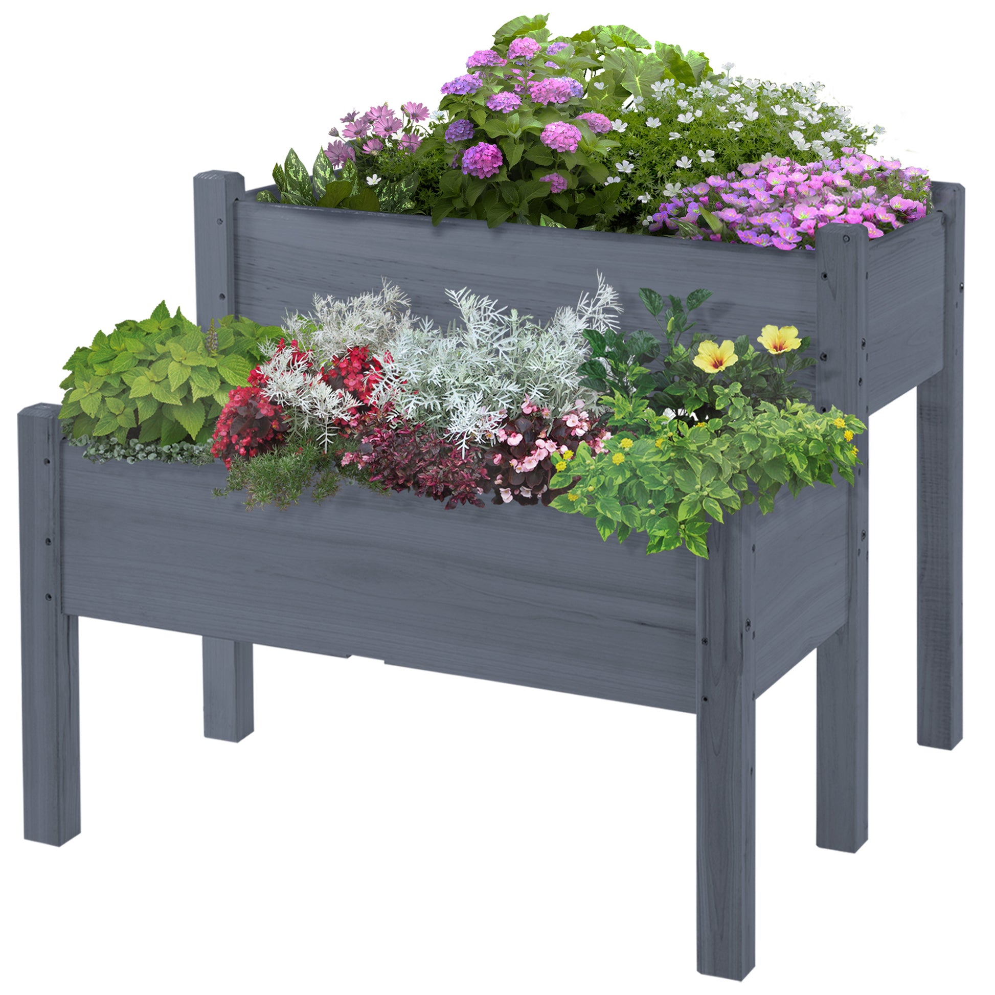 Outsunny 34"X34"X28" Raised Garden Bed, 2 Tier Elevated Wood Planter Box For Backyard, Patio To Grow Vegetables, Herbs, And Flowers, Gray Gray Wood