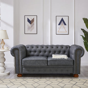 Classic Chesterfield Sofa Loveseat For Living Room Grey Faux Leather Grey Foam Technical Leather 2 Seat