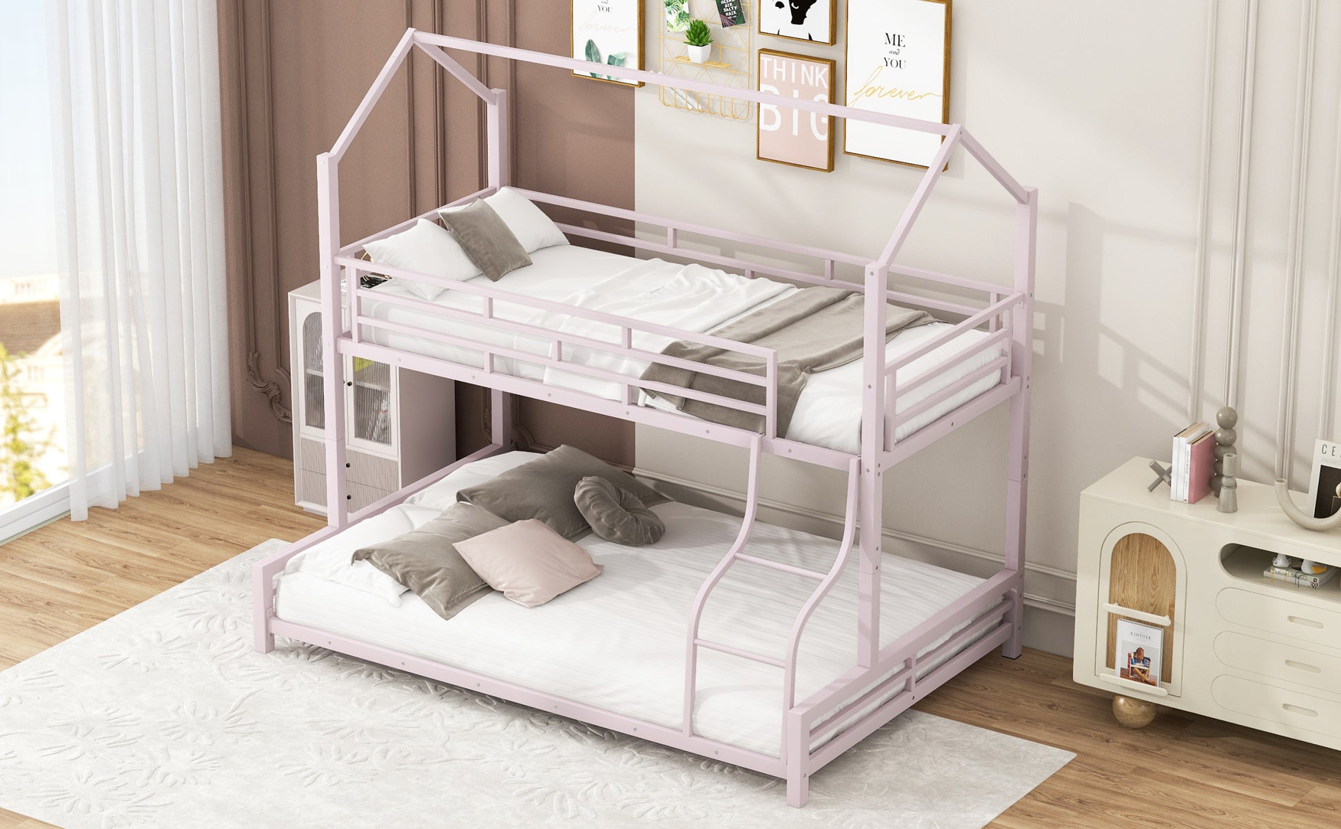 Metal House Bunk Bed, Twin Over Full, Pink Full Pink Metal