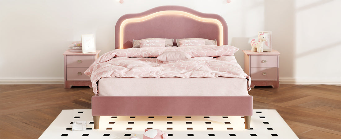 Queen Size Velvet Upholstered Smart Led Bed Frame With Adjustable Height Headboard,No Box Spring Needed,Easy Assembly,Pink Box Spring Not Required Queen Pink Wood Bedroom Cute,Modern Bed Frame Wood