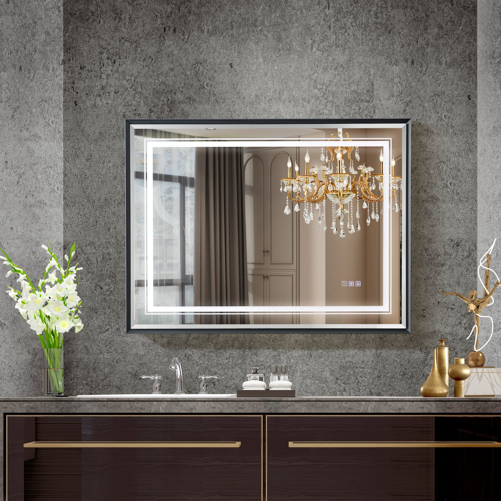 40*30Inch Led Bathroom Beveled Mirror,3000 6000K Gradient Front And Backlit Led Mirror For Bathroom,3Colors Dimmable,Ip54 Enhanced Anti Fog,Hanging Plates Wall Mount Lighted Mirror. Beveled Mirror Grey American Design Aluminium Alloy