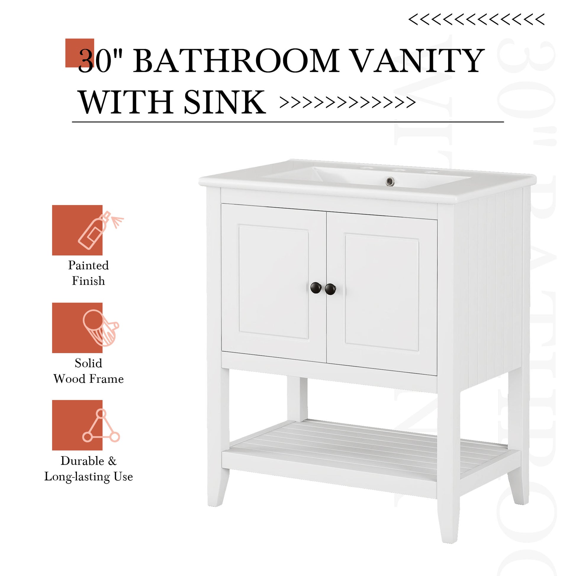 30" White Modern Sleek Bathroom Vanity Elegant Ceramic Sink With Solid Wood Frame Open Style Shelf & Door Shelf Design White Solid Wood