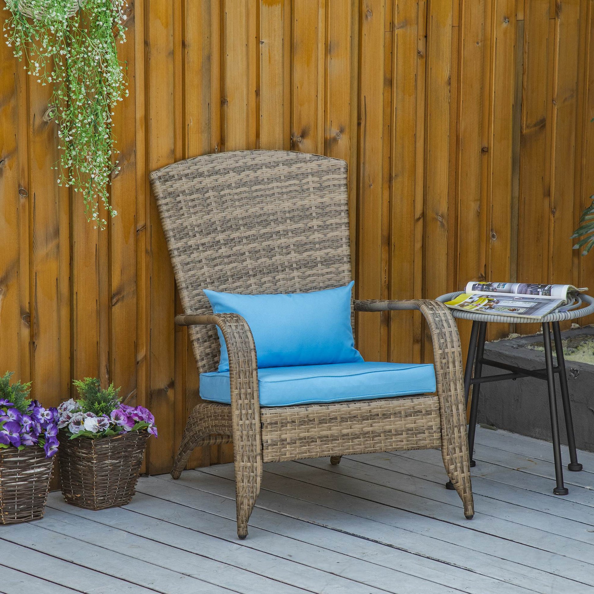 Outsunny Patio Wicker Adirondack Chair, Outdoor All Weather Rattan Fire Pit Chair W Soft Cushions, Tall Curved Backrest And Comfortable Armrests For Deck Or Garden, Sky Blue Blue Steel