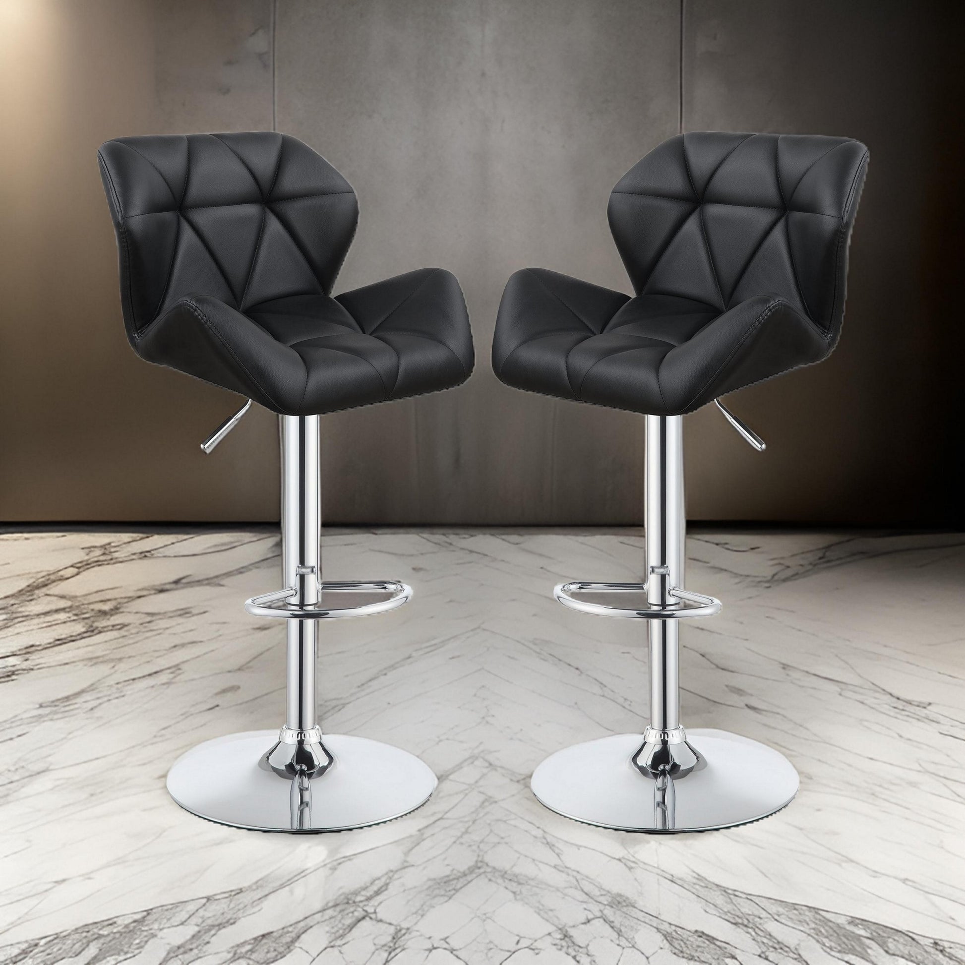 Adjustable Diamond Bar Stool With Chrome Base, Black ,Set Of 2 Black Silver Fabric Metal