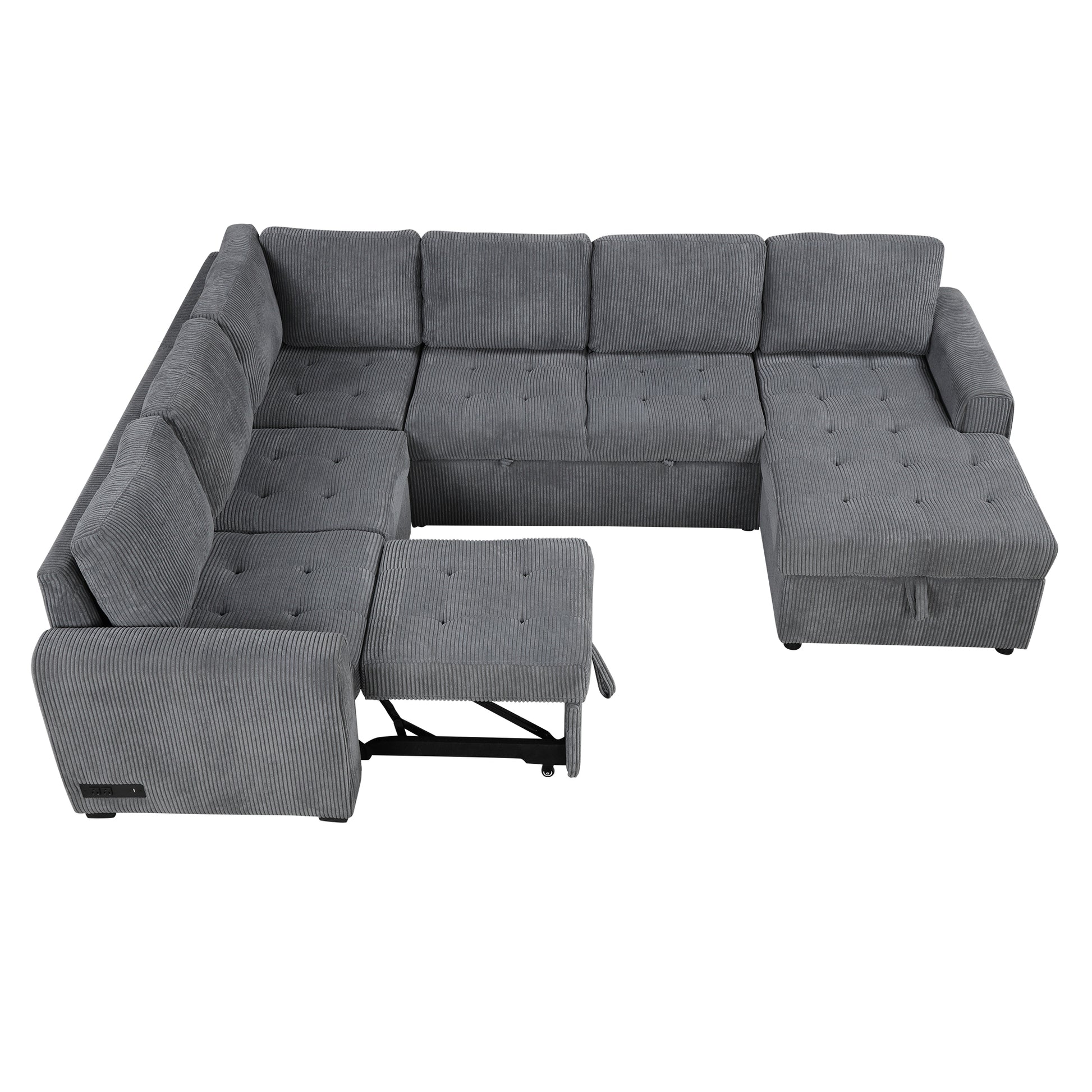 107.5" U Shaped Sofa Sectional Sofa Pull Out Sofa Bed With A Storage Chaise Lounge, Charging Devices For Living Room, Gray Gray Foam Corduroy 5 Seat