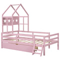 Wood Twin Size House Platform Bed With Guardrail And Drawer, Pink Box Spring Not Required Twin Pink Wood Bedroom Bed Frame Solid Wood Mdf