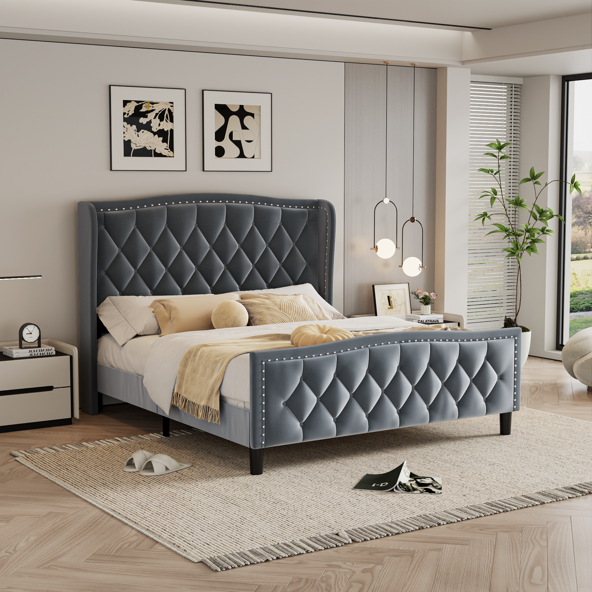 Full Size Bed Frame, Modern Upholstered Platform Bed With Wingback Hea