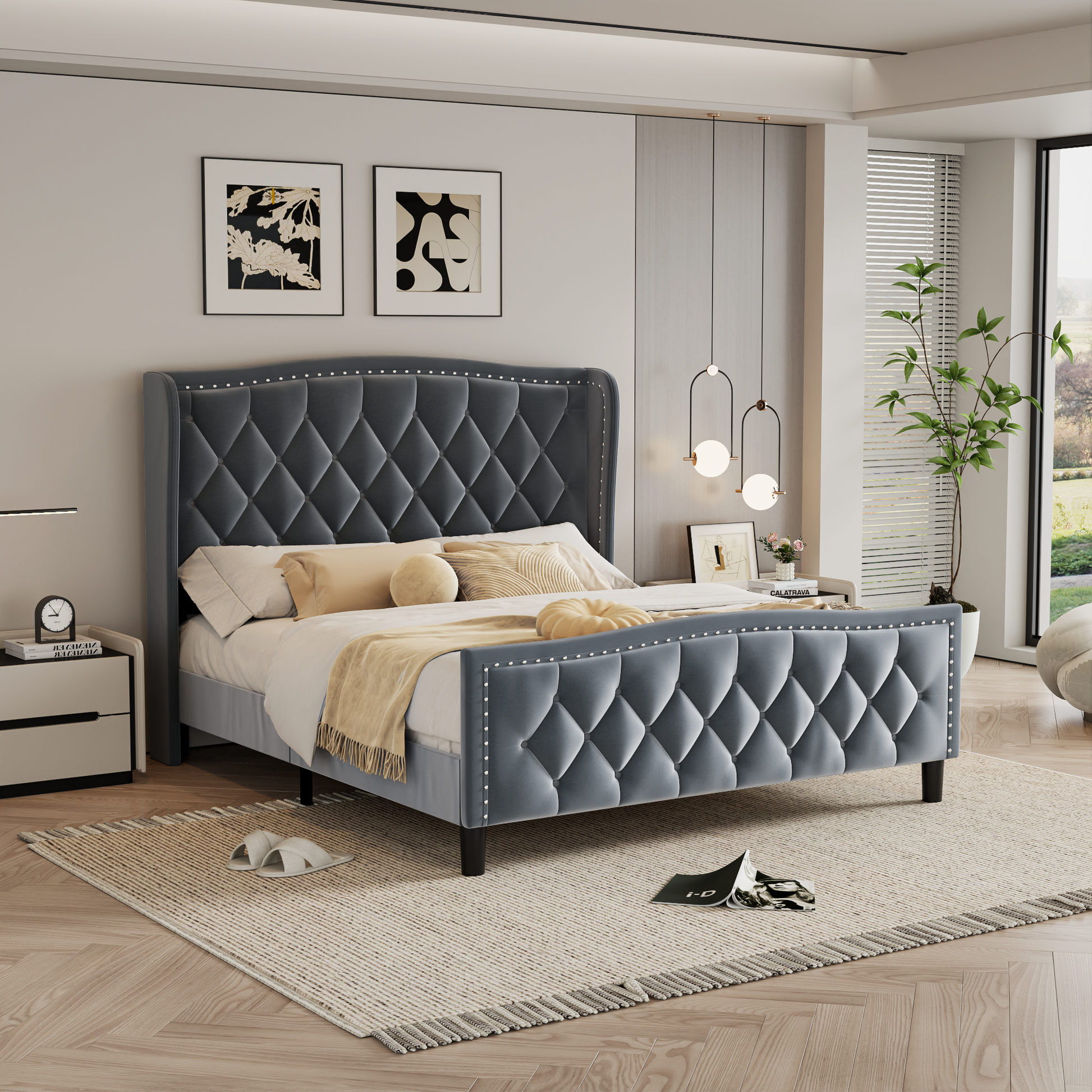 Full Size Bed Frame, Modern Upholstered Platform Bed With Wingback Headboard, Velvet Bed Frame With Wood Slat Support, Easy Assembly, No Box Spring Needed Gray, Full Full Gray Iron