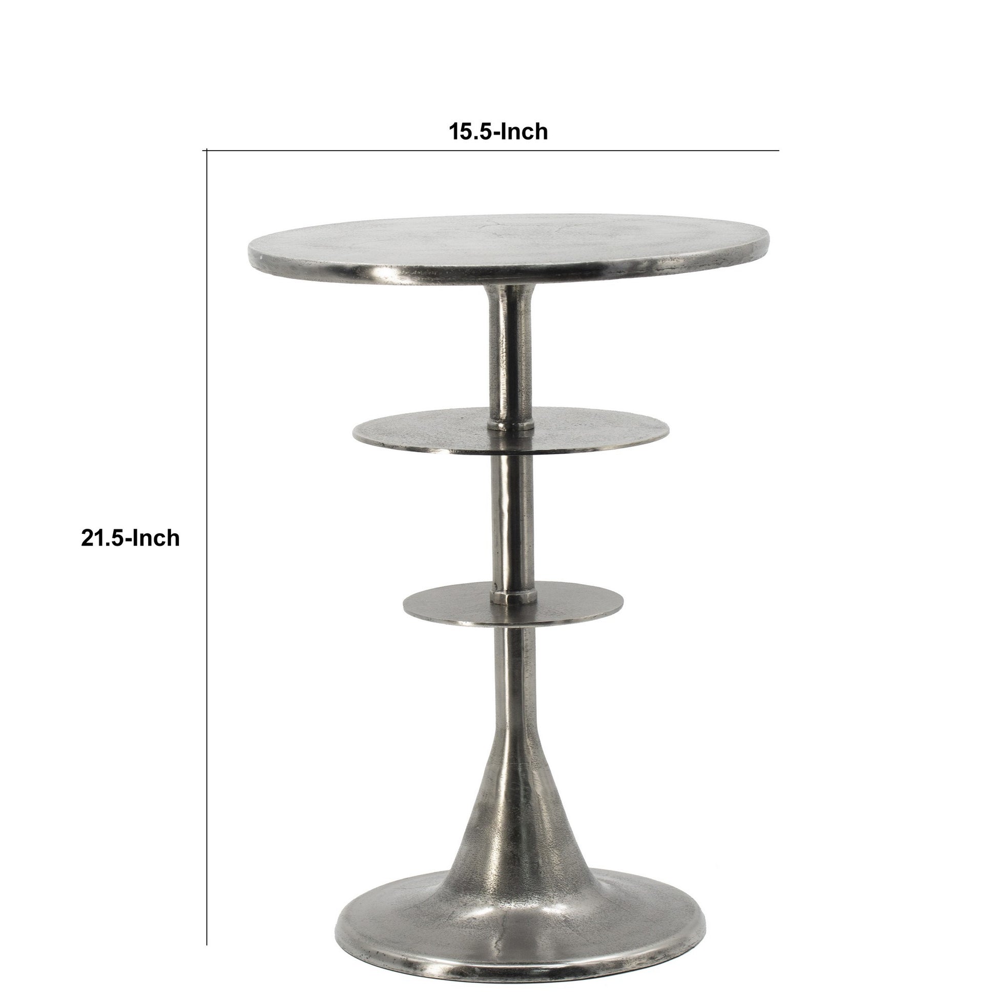 Aja 22 Inch Aluminum Accent Table, Rounded Top, Teardrop Base, Silver Silver Aluminum