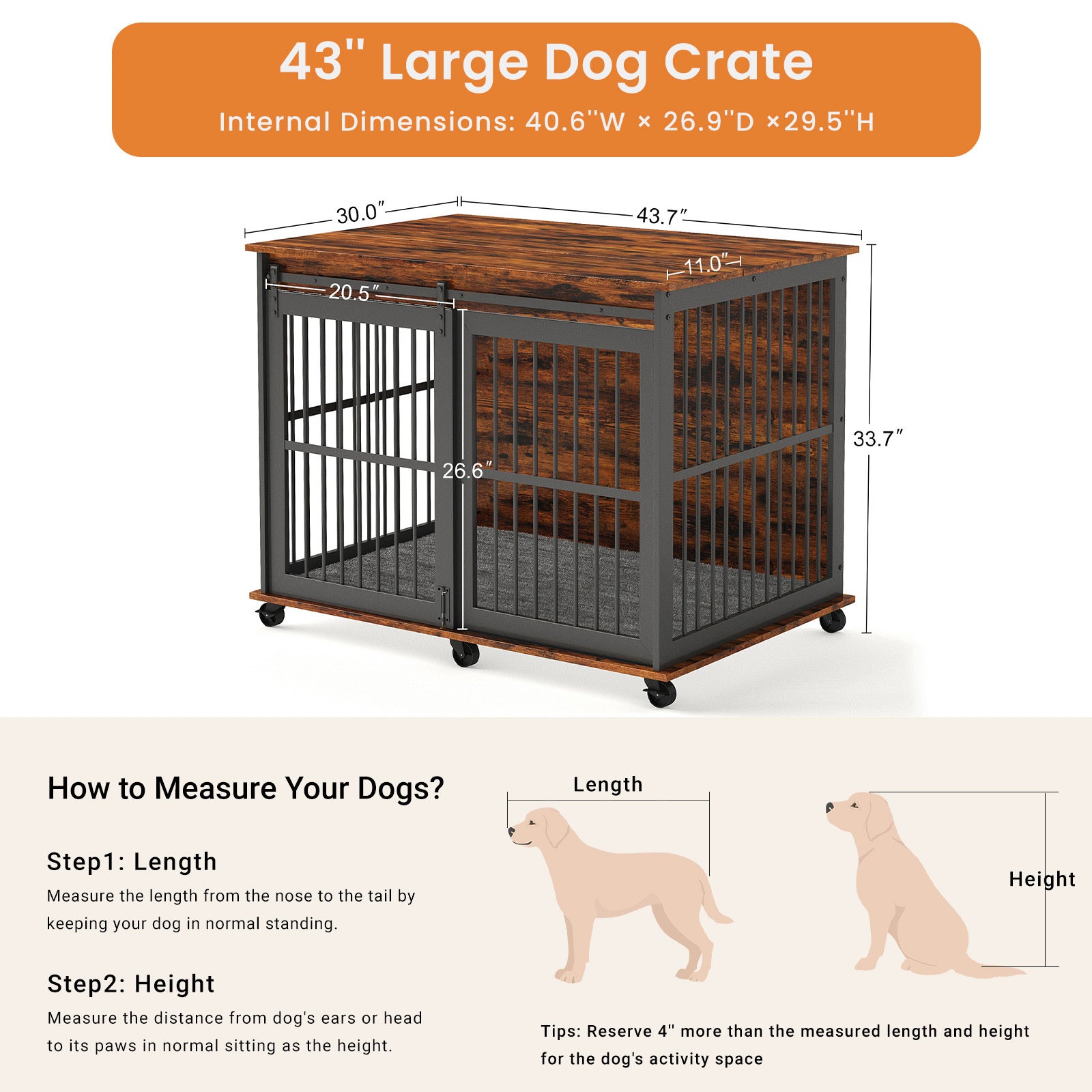 Furniture Dog Crate Sliding Iron Door Dog Crate With Mat. Rustic Brown,43.7''W X 30''D X 33.7''H . Rustic Brown Particle Board