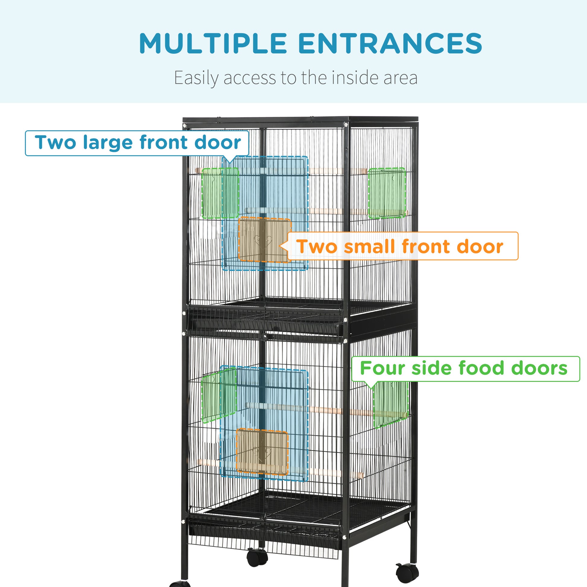 Pawhut Large Bird Cage With 1.7 Ft. Width For Wingspan, Bird Aviary Indoor With Multi Door Design, Fit For A Canary, Finch, Conure, 55", Black Black Wood