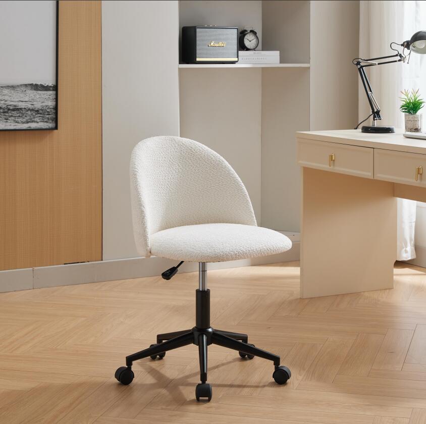 White Boucle Office Chair Desk Chair, Mid Back Adjustable Swivel Computer Chair With Black Legsmodern Upholstered Desk Chair With Wheels White Black Foam Polyester Blend