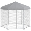 Pawhut 9.2' X 8' X 7.7' Dog Kennel Outdoor Dog Run With Waterproof, Uv Resistant Roof, Lockable Door, For Medium And Large Sized Dogs, Silver Silver Steel