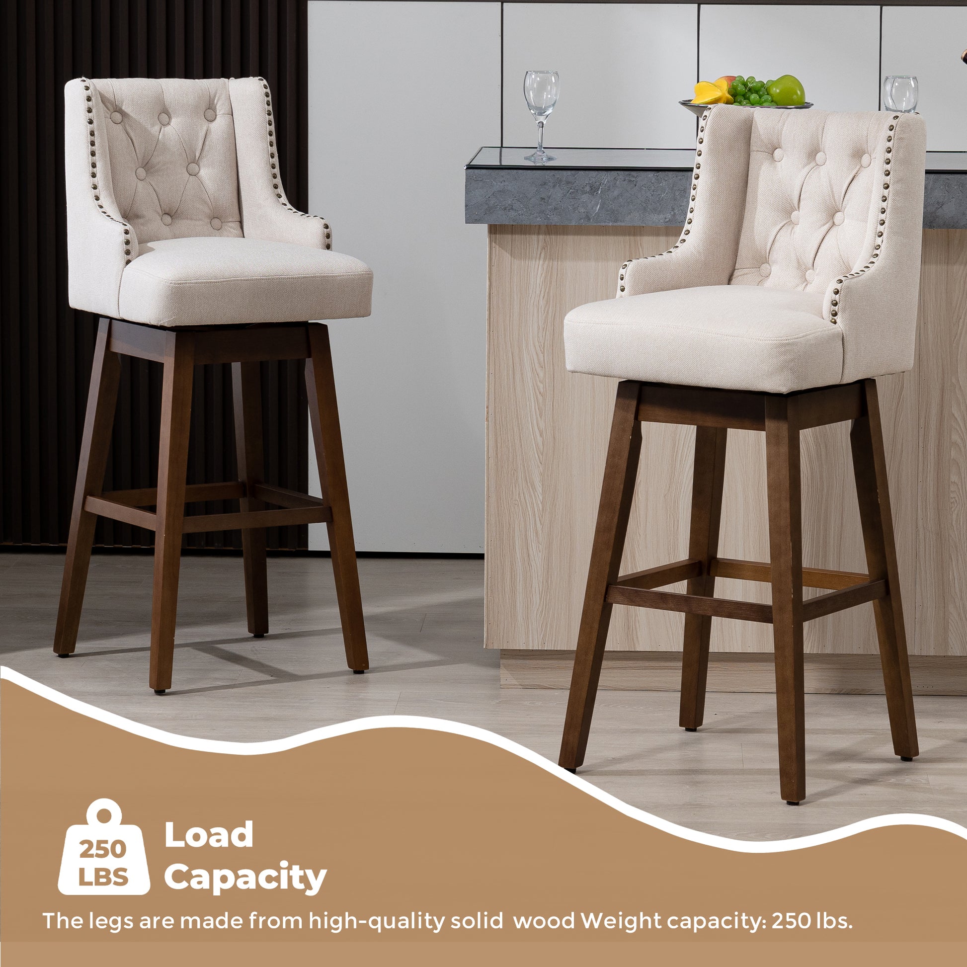 Coolmore Bar Stools Set Of 2 Counter Height Chairs With Footrest For Kitchen, Dining Room And 360 Degree Solid Wood Legs Swivel Bar Stools Set Of 2 Beige Linen Beige Foam Linen