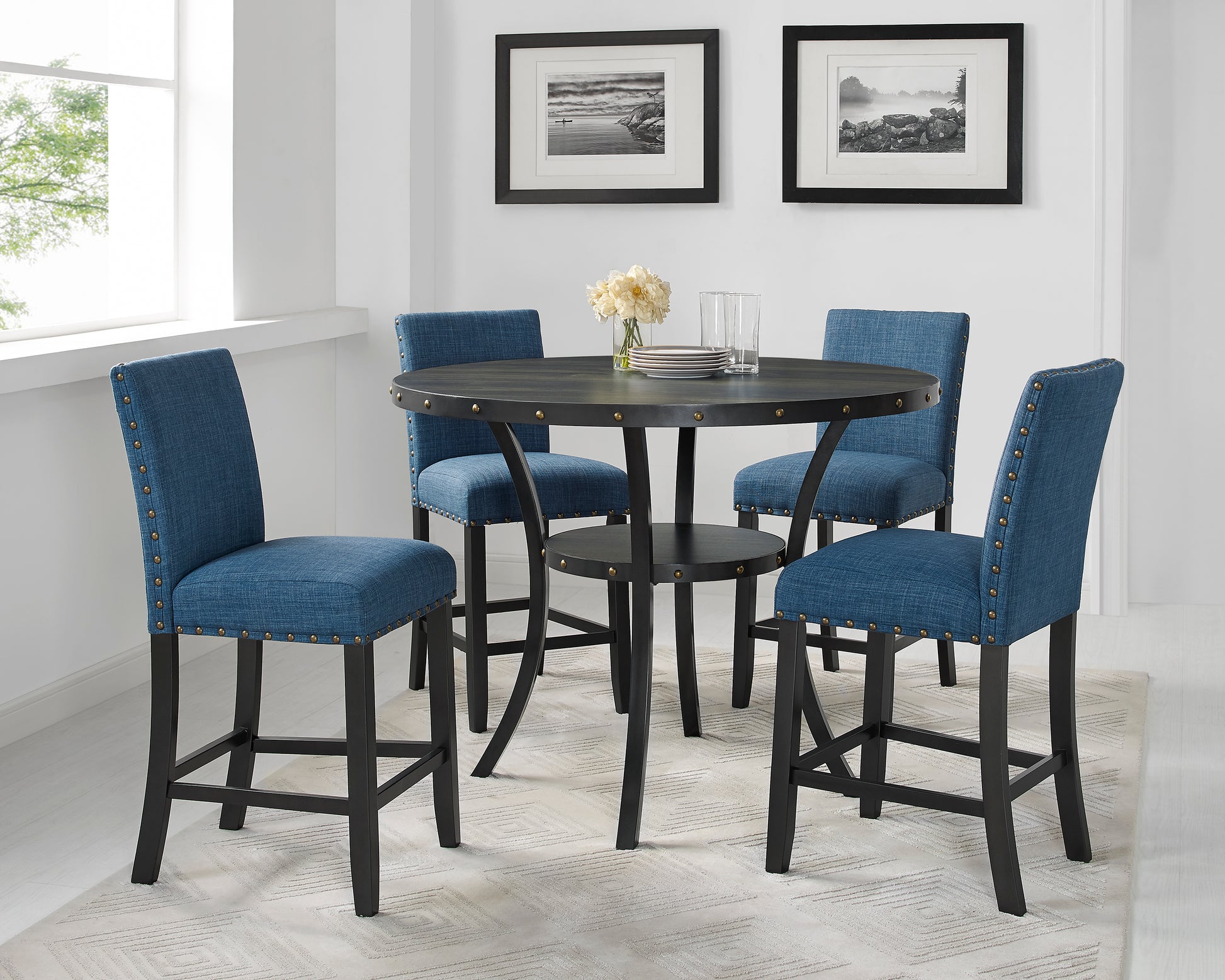 Biony Espresso Wood Counter Height Dining Set With Blue Fabric Stools Wood Black Seats 4 Metal Fixed Table Round Dining Table With Chair Wood