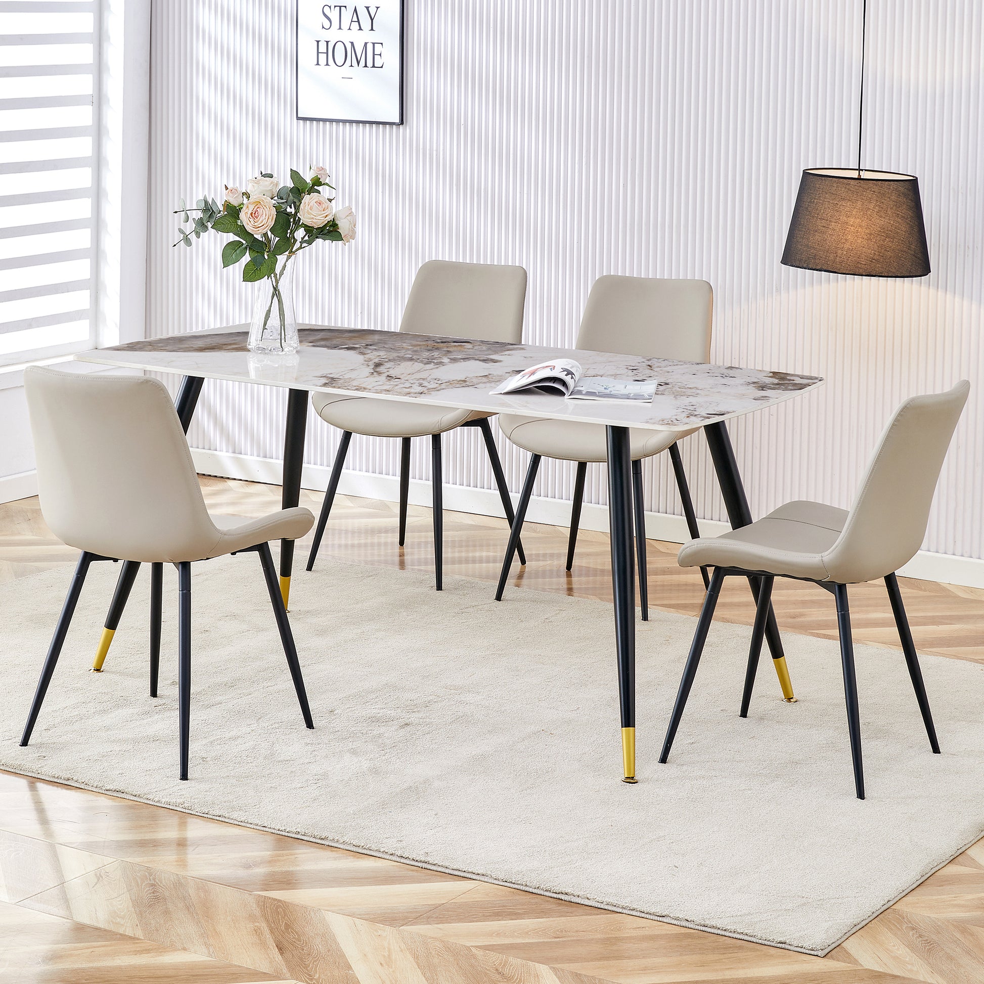 Table And Chair Set,Imitation Marble Texture Rock Board Table Top, Black Metal Table Legs, Stable And Beautiful. Modern Simple Dining Table, Comfortable Seating. White Gray Seats 4 Metal