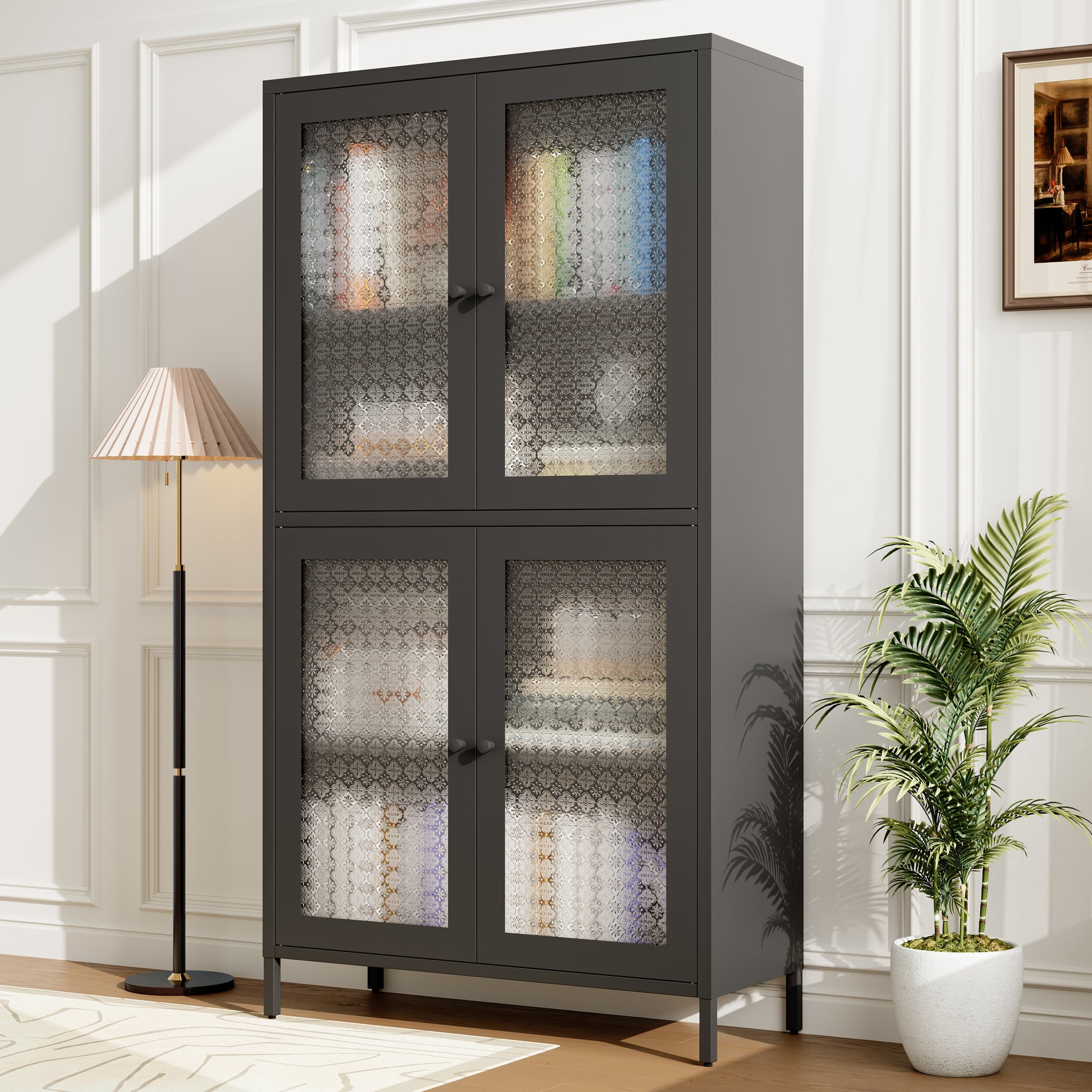 Classic Metal Storage Cabinet Display Cabinet With 4 Glass Doors 4 Shelves Cabinet Freestanding Bookcase Side Cabinet For Home Office Living Room Kitchen Hallway Black, Begonia Flower Tempered Glass Freestanding 3 4 Shelves Glass Pane Black Kitchen Glass