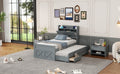 Twin Size Wooden Bed With Storage Headboard With Outlets, Extendable Bed With Twin Size Trundle With Three Storage Drawers,Gray Twin Gray Wood