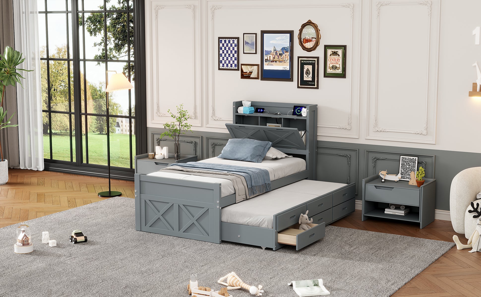 Twin Size Wooden Bed With Storage Headboard With Outlets, Extendable Bed With Twin Size Trundle With Three Storage Drawers,Gray Twin Gray Wood
