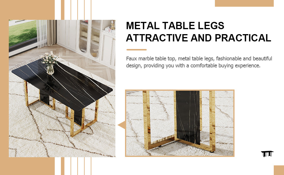 Table And Chair Set. Modern Dining Table With Mdf Top And Beautiful Mdf Legs. Equipped With Comfortable Pu Chairs And Metal Legs. Suitable For A Wide Range Of Decorative Styles. Black Seats 6 Mdf