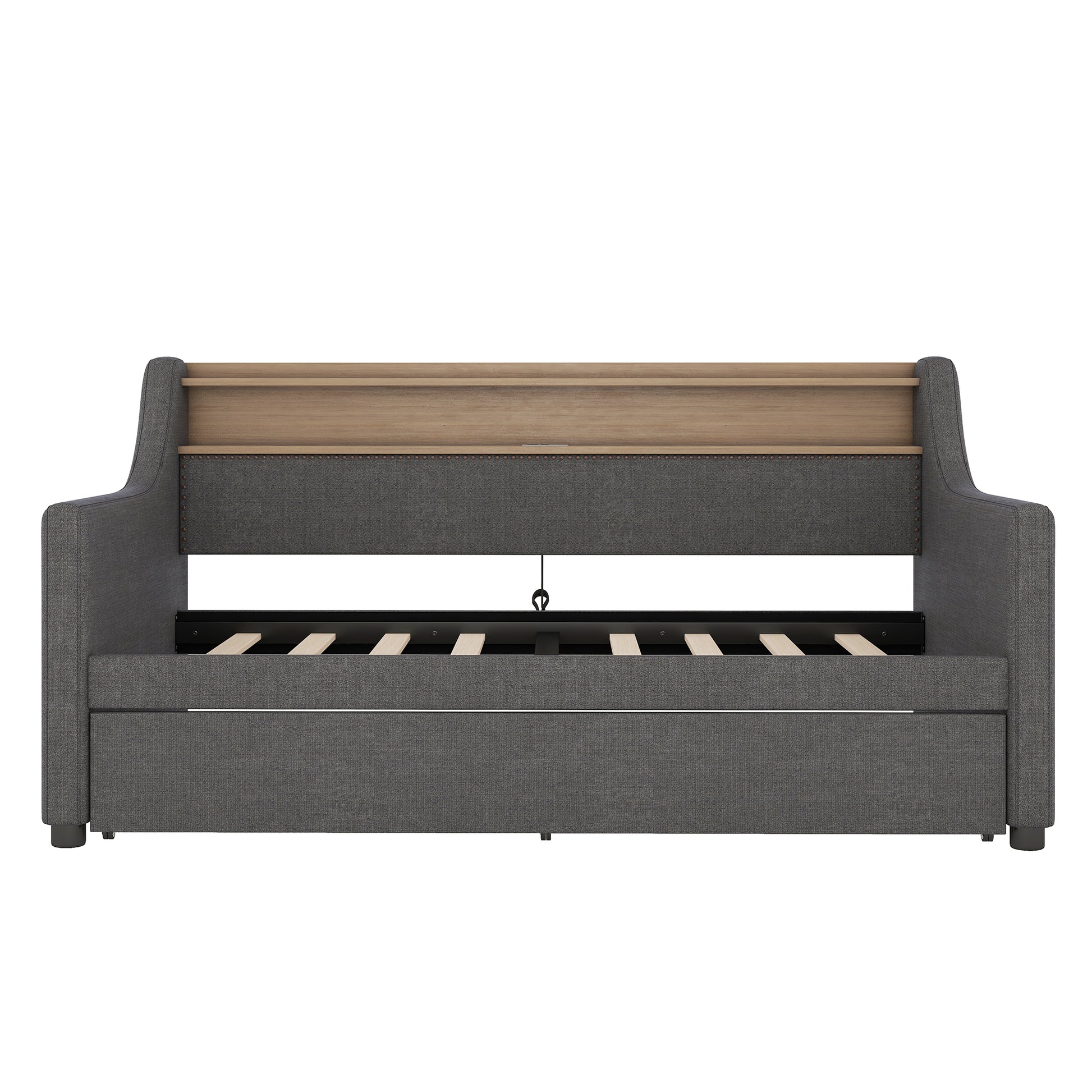 Twin Size Daybed With Trundle Bed, Upholstered Daybed With Charging Station And Led Lights, Gray Twin Gray Linen