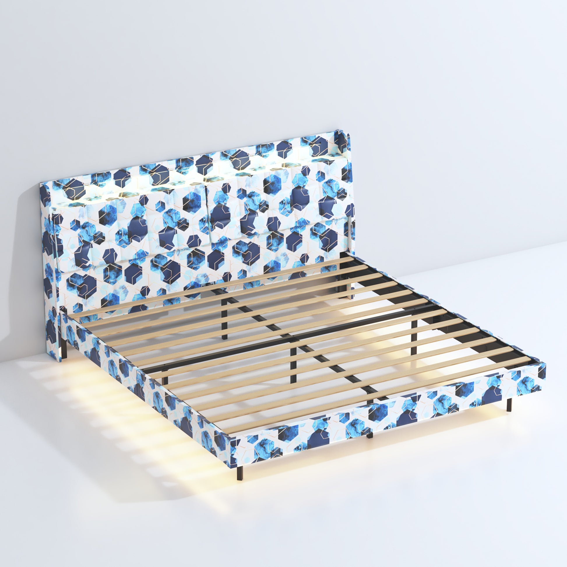 King Floating Bed Frame With Led Light And Charging Station Upholstered Platform Bed Frame King Size With Headboard And Hidden Storage Space, No Box Spring Needed, Blue Box Spring Not Required King Blue Geometry Metal Bedroom Bed Frame Velvet Velvet