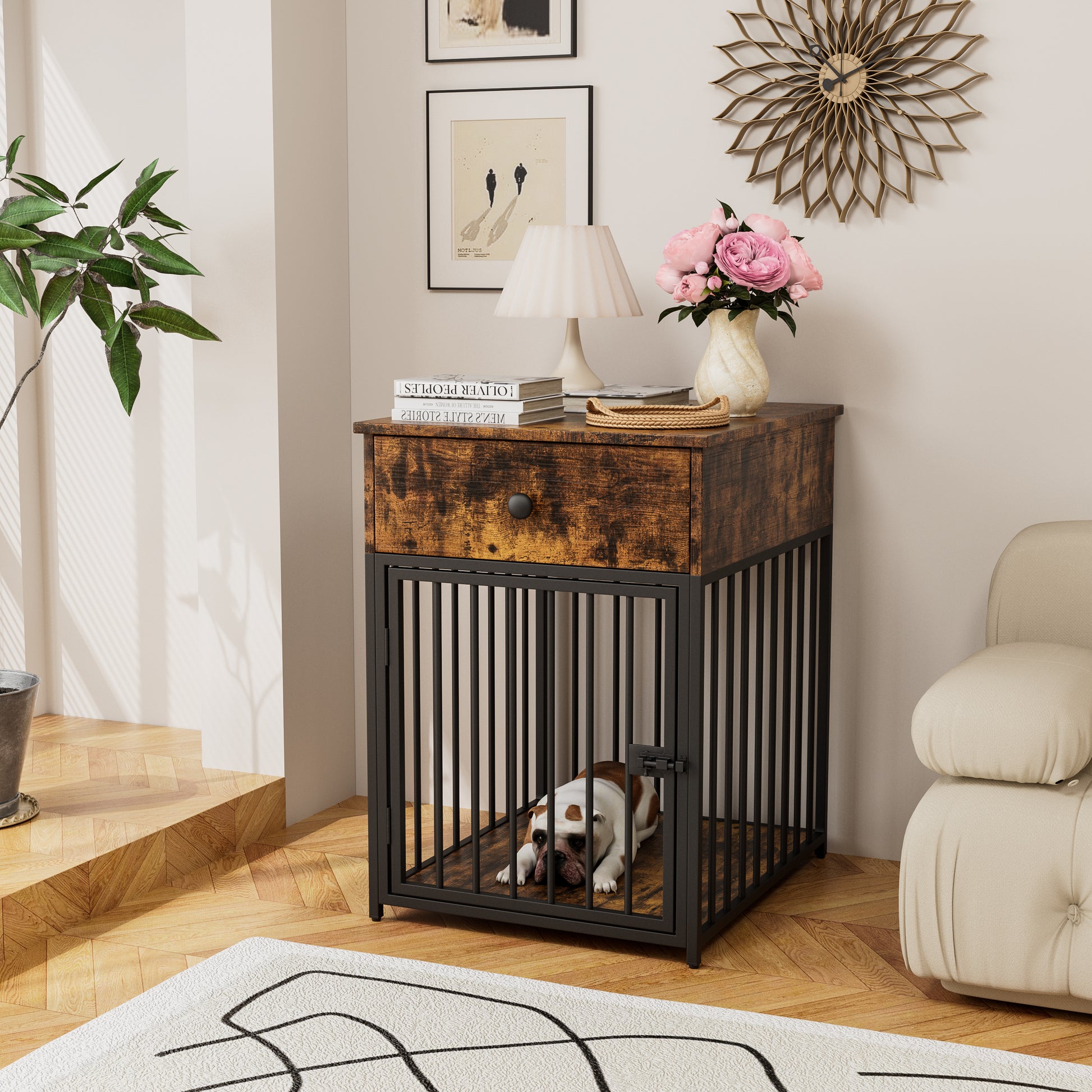 Dog Crate Furniture, Dog House, Decorative Dog Kennel With Drawer, Indoor Pet Crate End Table For Small Dog, Iron Tube Dog Cage, Chew Proof Brown Mdf