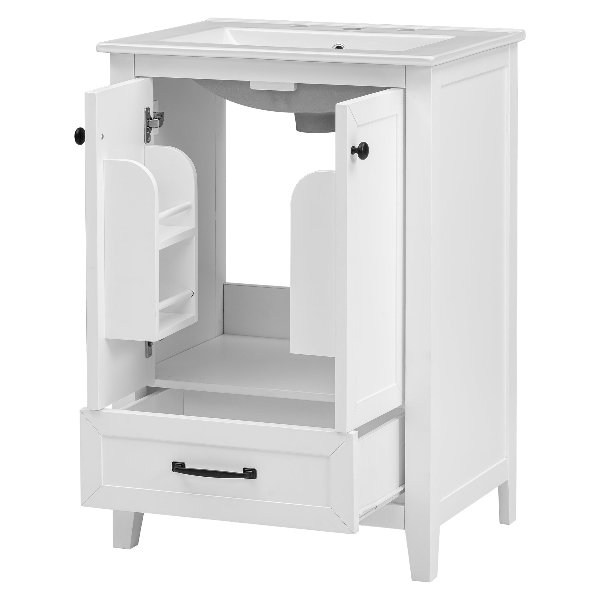 24" Bathroom Vanity With Sink, Bathroom Vanity Cabinet With One Drawer And Doors, Solid Wood And Mdf, White White Solid Wood Mdf