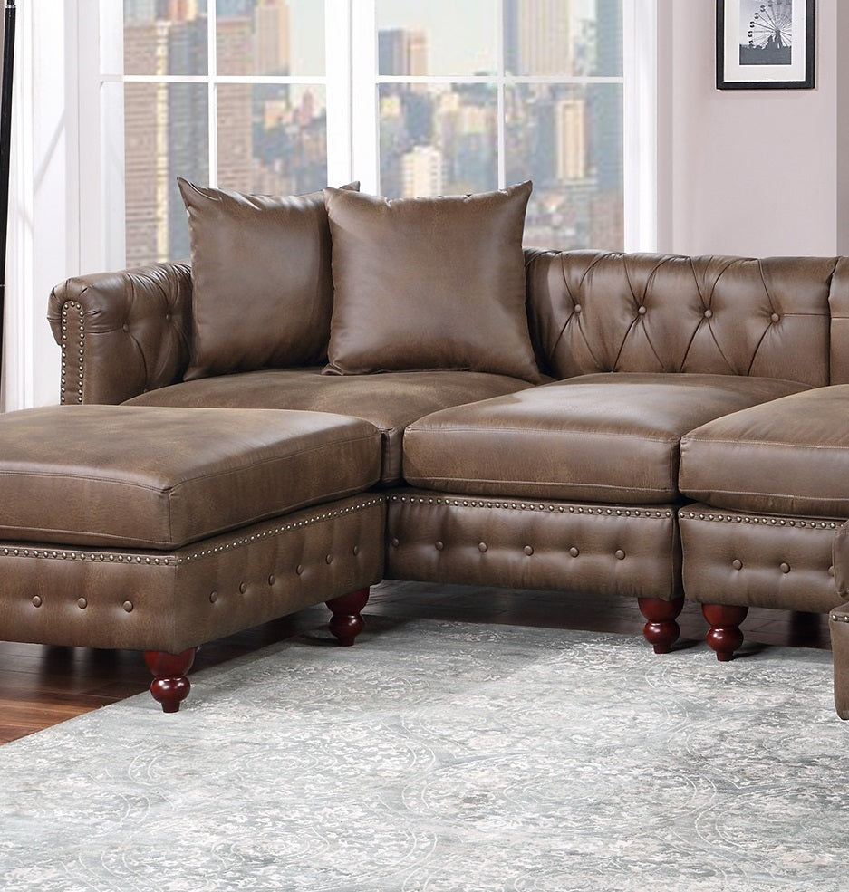 Dark Coffee 4Pc Sectional Set 2X Reversible Loveseat Chaise And 2X Ottomans Tufted Couch Pillows Dark Coffee Faux Leather Wood Primary Living Space Tight Back Contemporary,Luxury,Traditional U