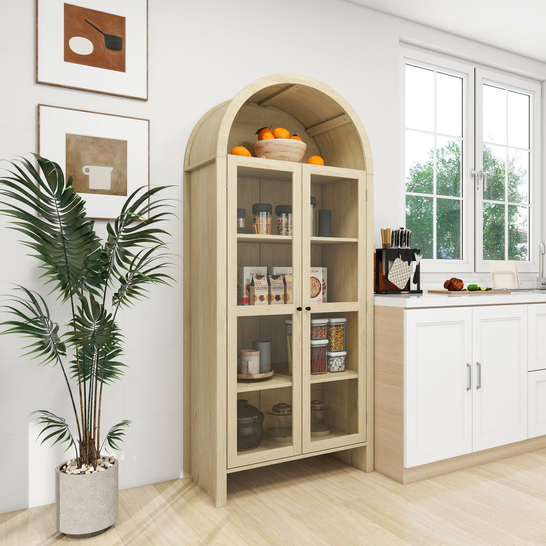 70.28" Tall Arched Kitchen Pantry, Modern Farmhouse Wood Kitchen Storage Cabinets ,Arched Storage Display Cabinet With Adjustable Shelves, Versatile Cupboard For Kitchen, Dining Room, Living Room