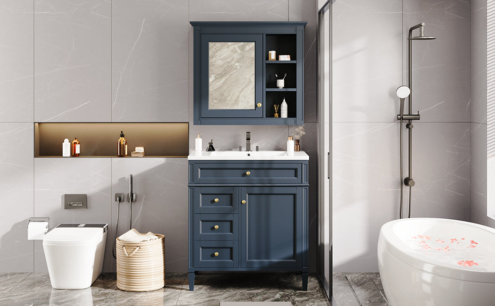 30'' Bathroom Vanity With Top Sink, Modern Bathroom Storage Cabinet With 2 Drawers And A Tip Out Drawer, Freestanding Vanity Set With Mirror Cabinet, Single Sink Bathroom Vanity 3 Blue 2 Mirror Included Bathroom Wall Mounted Modern Solid Wood Painted