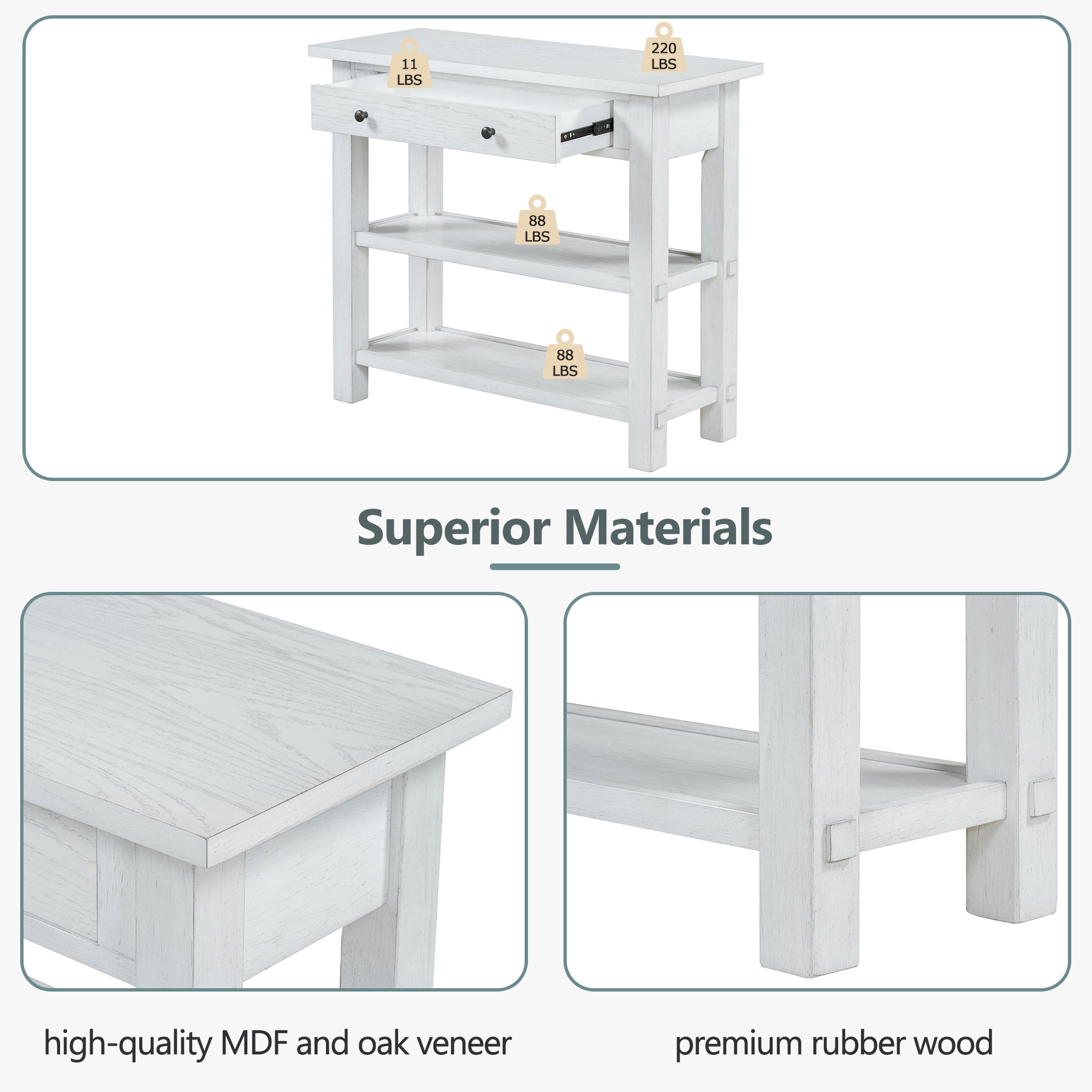 Retro Console Table With Drawer And Two Sturdy Shelves For Entryway, Living Room Antique White Antique White Mdf,Rubber Wood