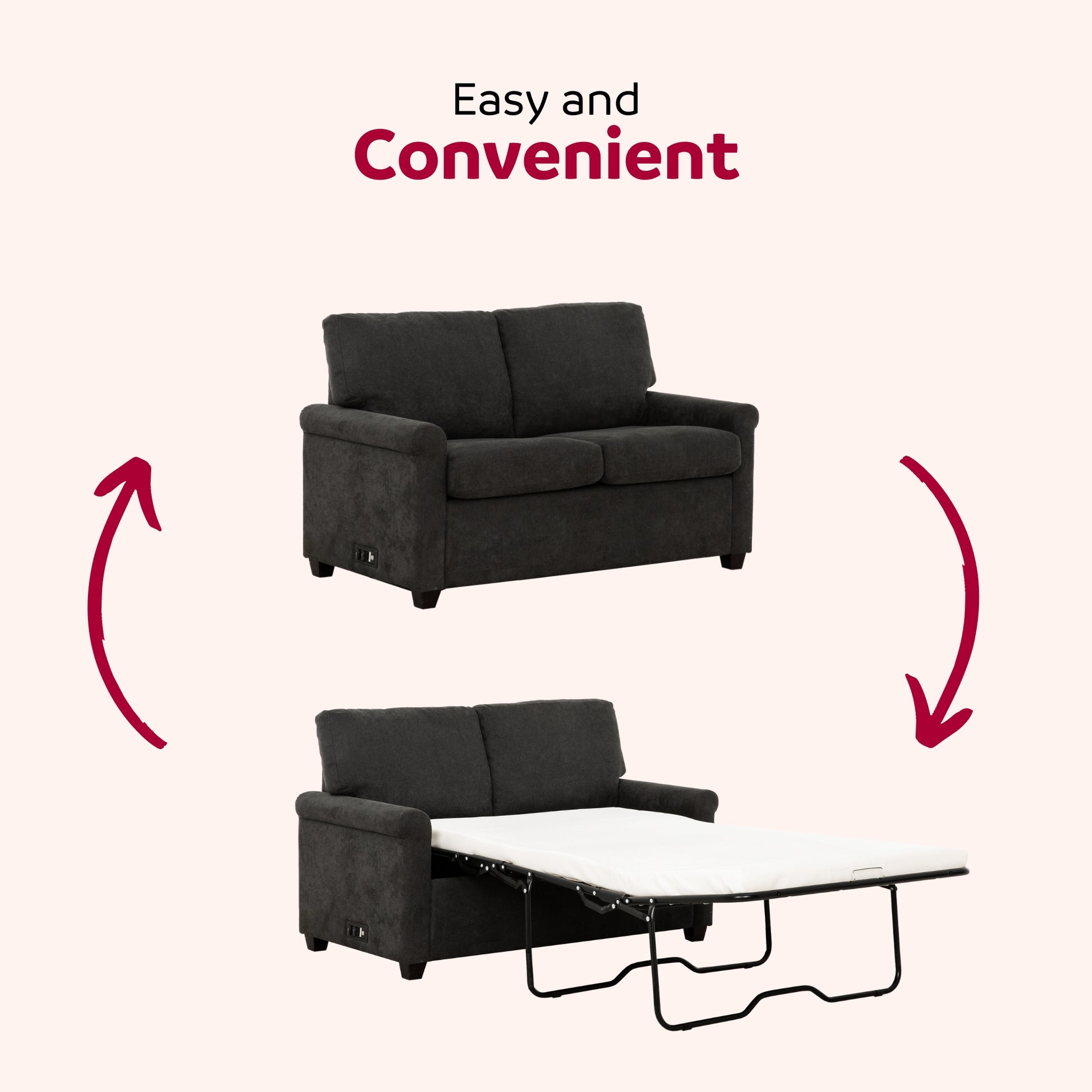 Convertible Twin Sleeper Sofa With Usb Ports, Modern Upholstered Sofa Bed, Living Room 2 Seater Sofa Loveseat, Dark Gray Dark Gray Polyester Wood Primary Living Space Medium Firm Cushion Back Heavy Duty Modern Rolled Arms Plywood Metal 2 Seat